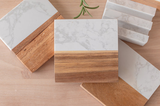 Marble and Wood Coasters - Set of 4 Coasters and Stand